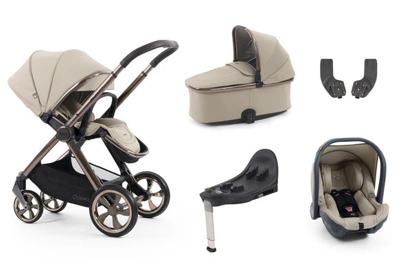 4-in-1 stroller bundle accessories shown together in beige and black