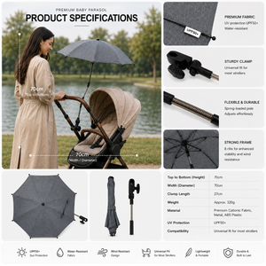 Universal baby parasol with gray canopy, mounted to a stroller, featuring a secure clamp and pole