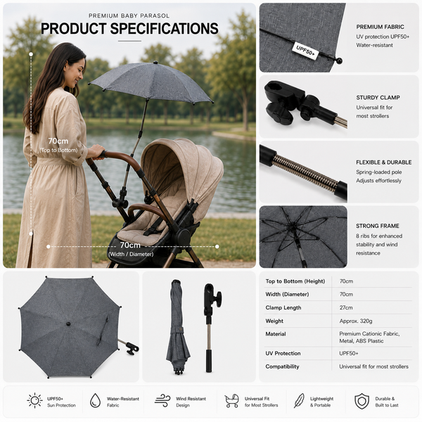 Universal baby parasol with gray canopy, mounted to a stroller, featuring a secure clamp and pole
