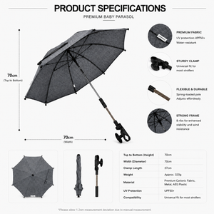 Universal baby parasol with dark gray canopy, UV50+ fabric, secure stroller clamp and metal pole