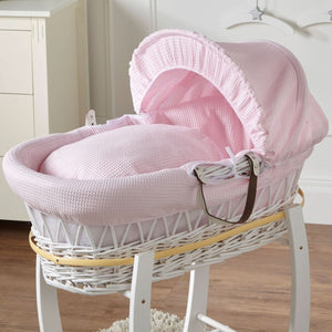 Pink Waffle White Wicker Baby Moses Basket With Stand - For Your Little One