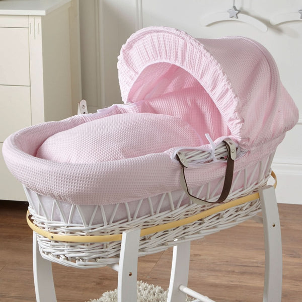 Pink Waffle White Wicker Baby Moses Basket With Stand - For Your Little One