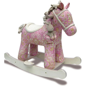 Pink paisley plush rocking horse toy on white rockers with cream reins and plush tail
