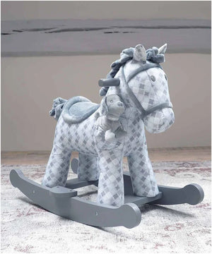 Gray-and-white plush rocking horse with checkered pattern and curved gray rocking base