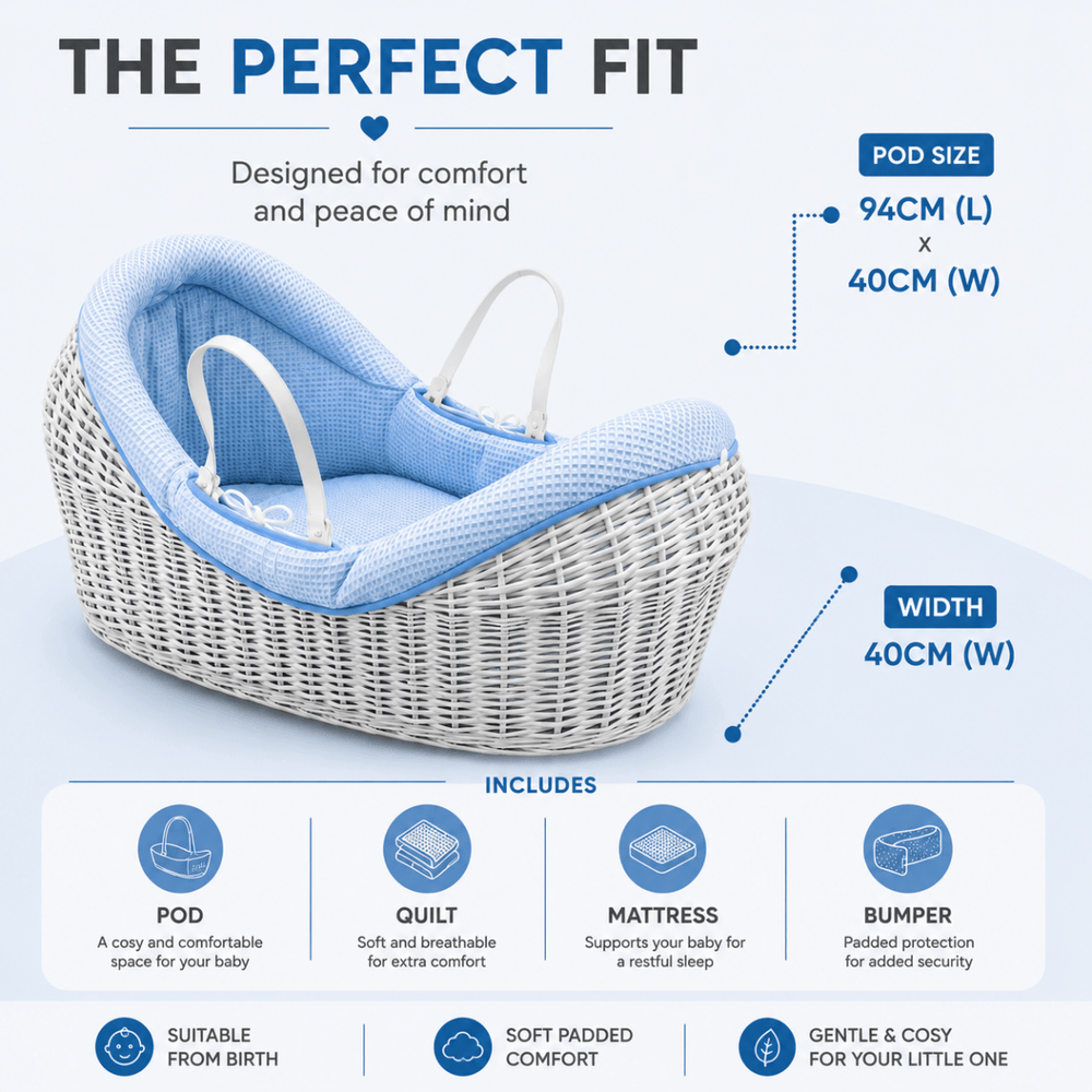 Gray wicker baby Moses basket with cushioned interior in a nursery setting, color options displayed above.