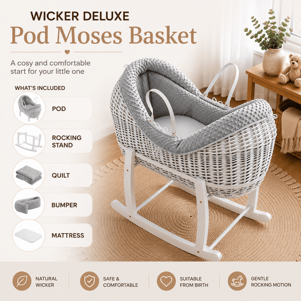 Wicker Deluxe Pod Baby Moses Basket With Stand - For Your Little One