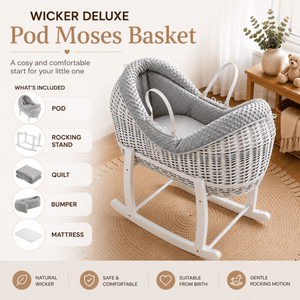 Wicker Deluxe Pod Baby Moses Basket With Stand - For Your Little One